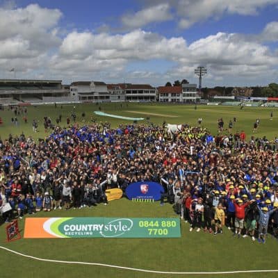 School children from across Kent enjoy the Countrystyle Schools Day with England stars Charlotte Edwards, Lydia Greenway and Danni Wyatt.